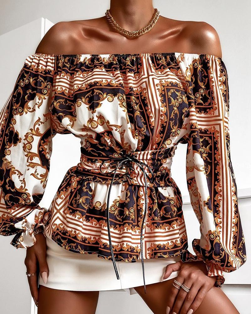

Off Shoulder Scarf Print Lantern Sleeve Corset Top, Brown