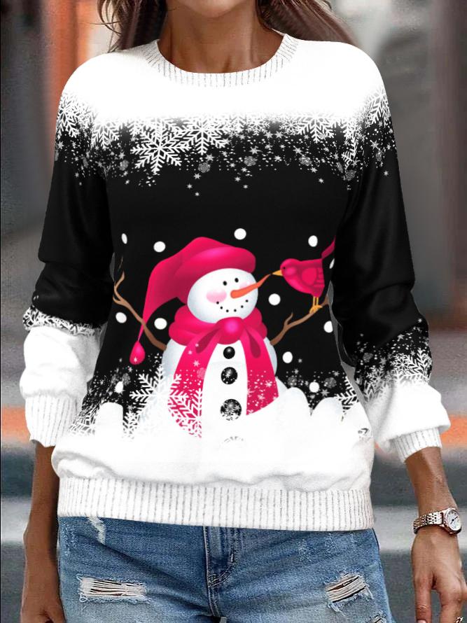 

Christmas Snowman Snowflake Print Long Sleeve Top, Black