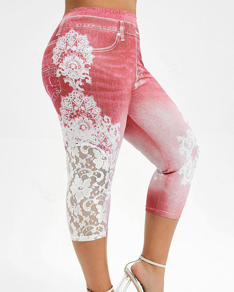 

Plus Size Denim Look Print Lace Patch Capris Pants, Pink