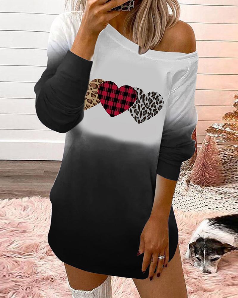 

Valentine's Day Plaid Cheetah Heart Print Colorblock Long Sleeve Top, Black