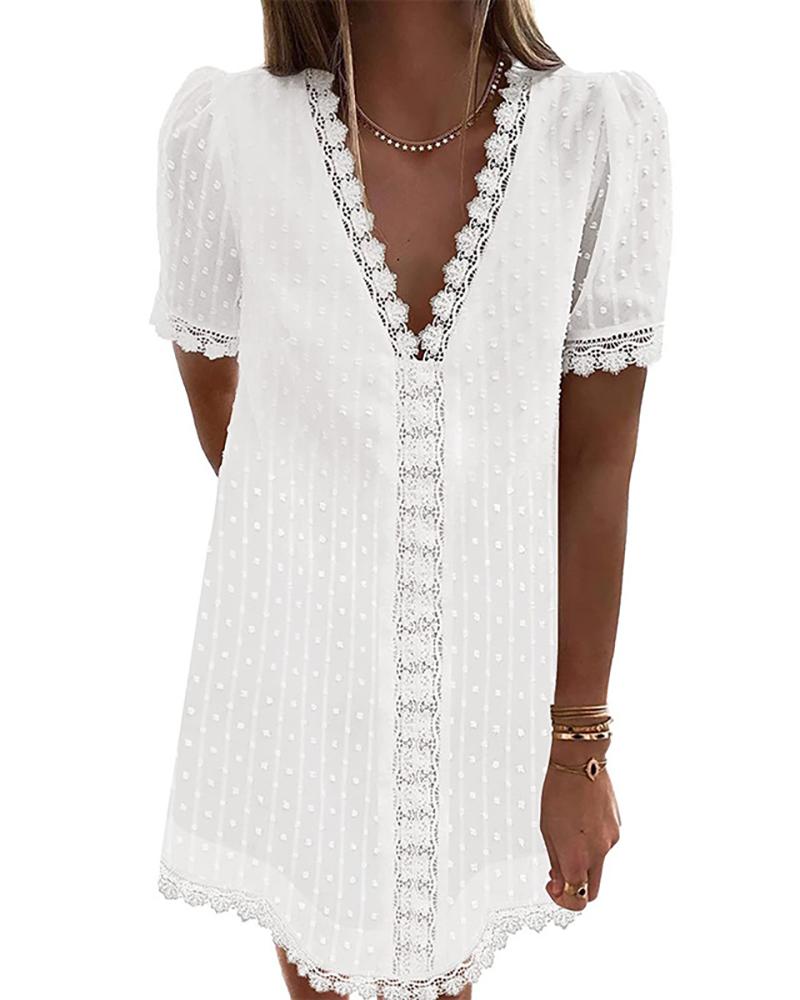 

Puff Sleeve Swiss Dot Lace Trim Dress, White