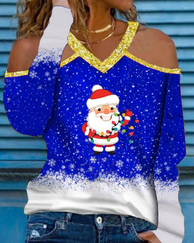 

Christmas Snowflake Santa Claus Print Cold Shoulder Top, Blue
