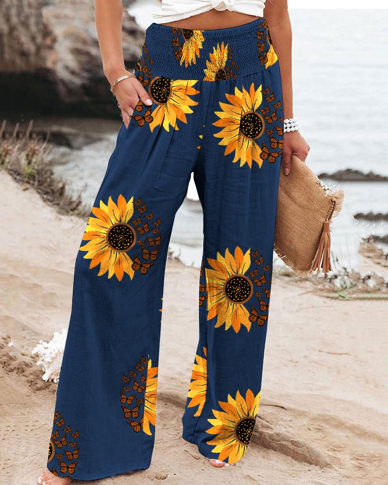 

Sunflower Butterfly Print High Waist Wide Leg Pants, Purplish blue