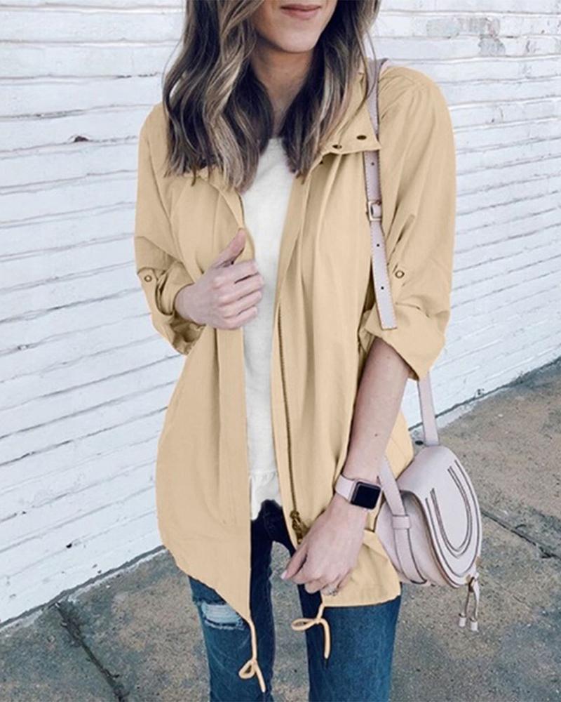 

Solid Turn-down Collar Zipper Design Coat, Yellow