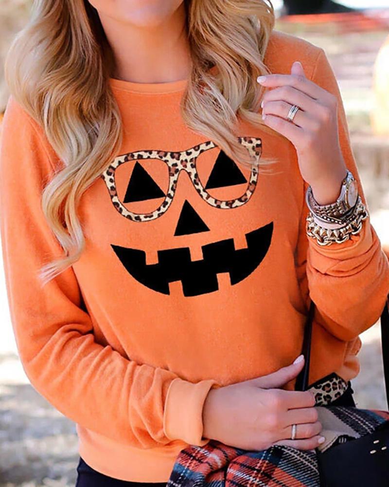 

Halloween Pumpkin Face Cheetah Print Casual Top, Orange