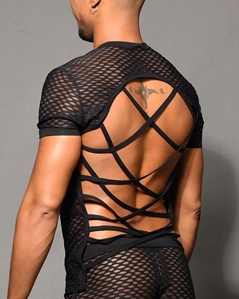 

Solid Short Sleeve Slim Cut-out Slim T-shirts With Shorts Suit Sets, Black
