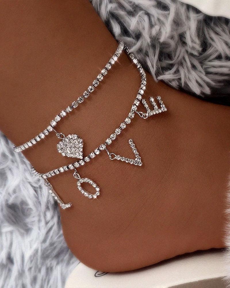 

2pcs Letter Heart Pendant Layered Chain Anklet, Silver