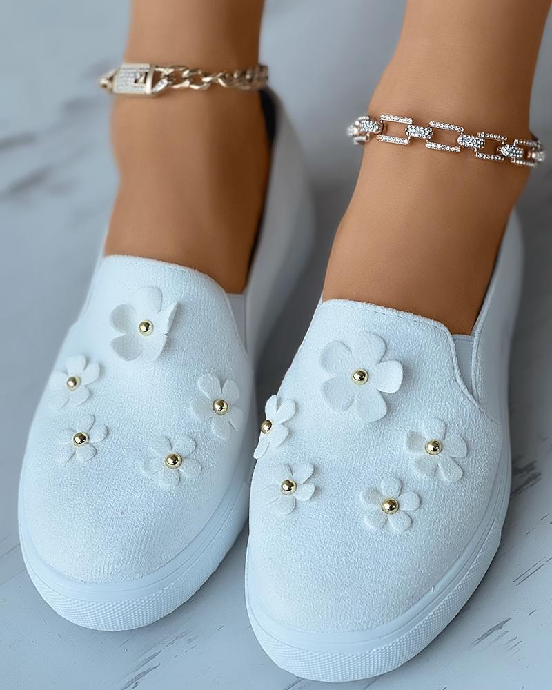 

Velvet Floral Pattern Slip On Sneakers, White