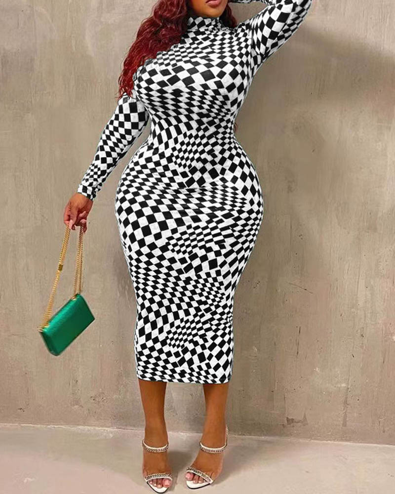 

Plus Size Geometric Print Long Sleeve Bodycon Dress, Black