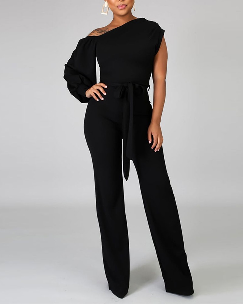 

Cold Shoulder Lantern Sleeve Belted Jumpsuit, Black