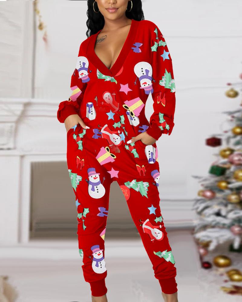 

Christmas Snowman Gift Tree Print Pocket Design Jumpsuit, Red