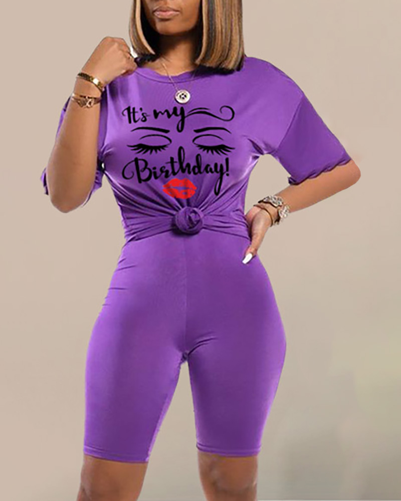 

Letter Print Round Neck Top & Shorts Set, Purple