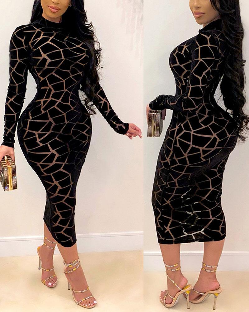 

Plus Size Abstract Print Long Sleeve Bodycon Dress, Black