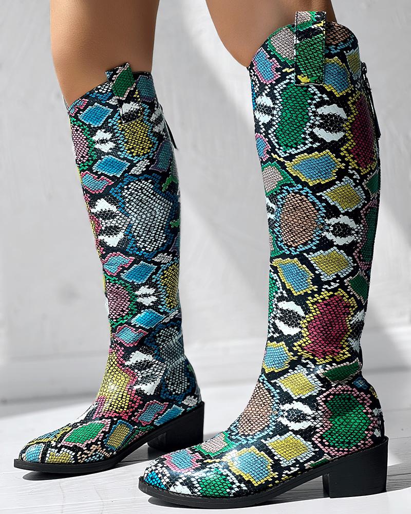 

Snakeskin Print Chunk Heel Knee-High Boots, Multicolor