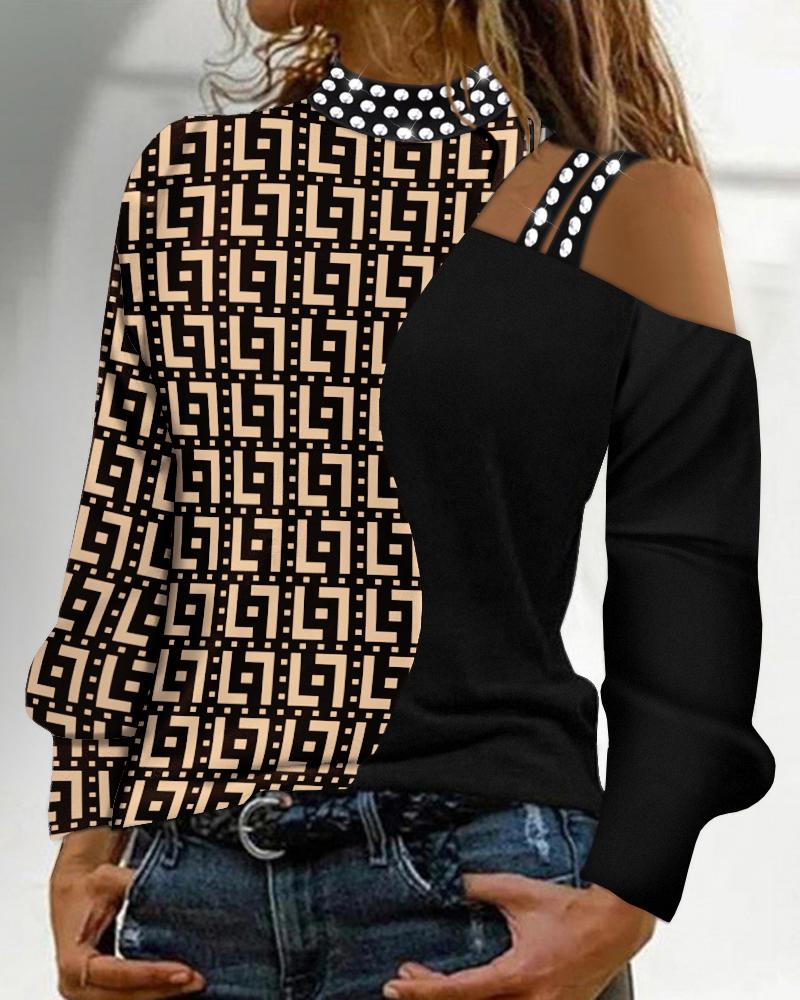 

Rhinestone Geometric Print Cold Shoulder Top, Black