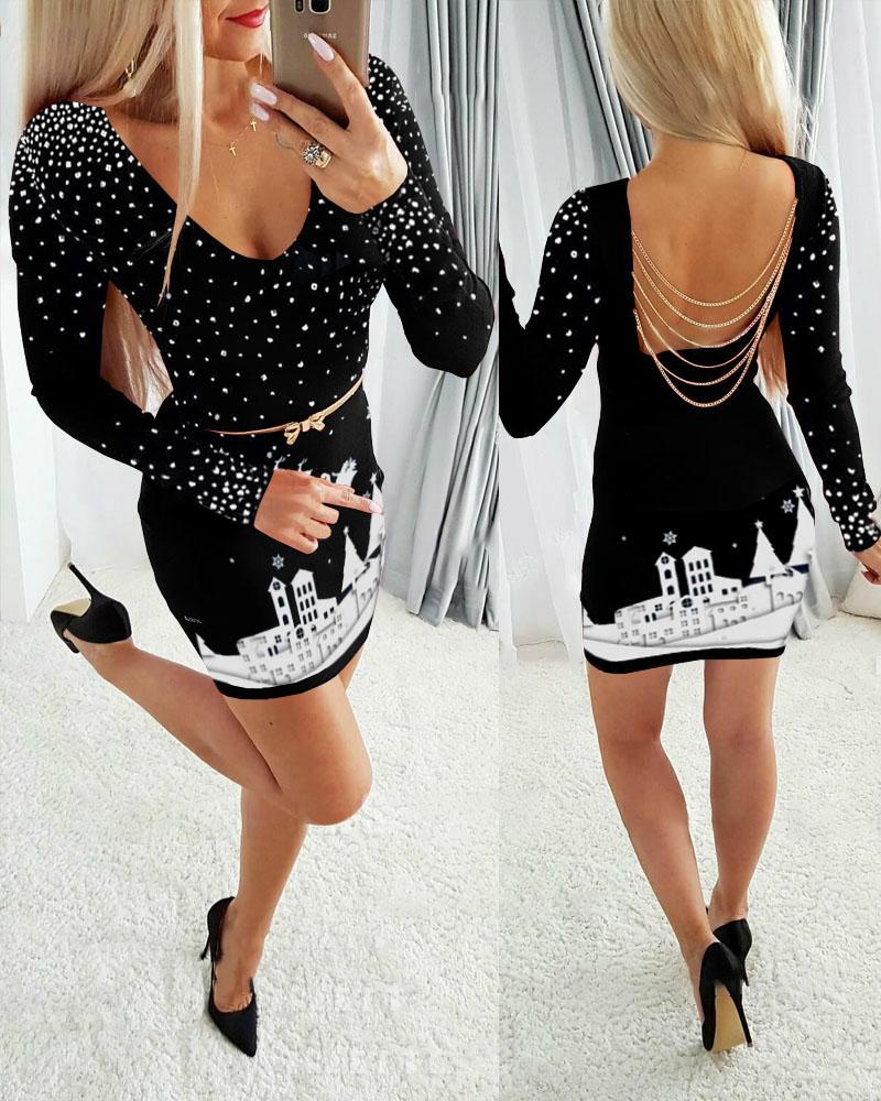 

Graphic Print Chain Strap Backless Bodycon Dress, Black