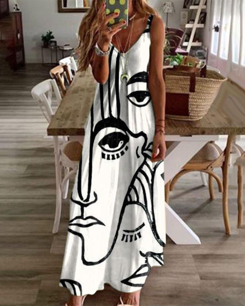 

Abstract Figure Print V-Neck Maxi Dress, White