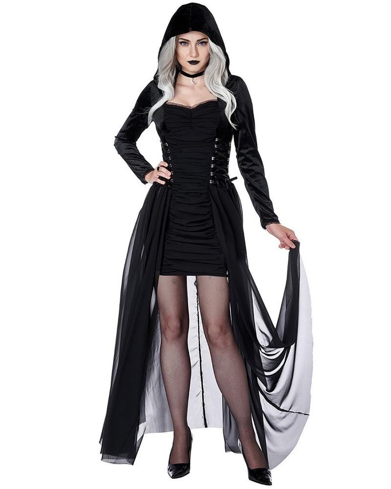 

Halloween Long Sleeve Ruched Cosplay Witch Scary Costume, Black
