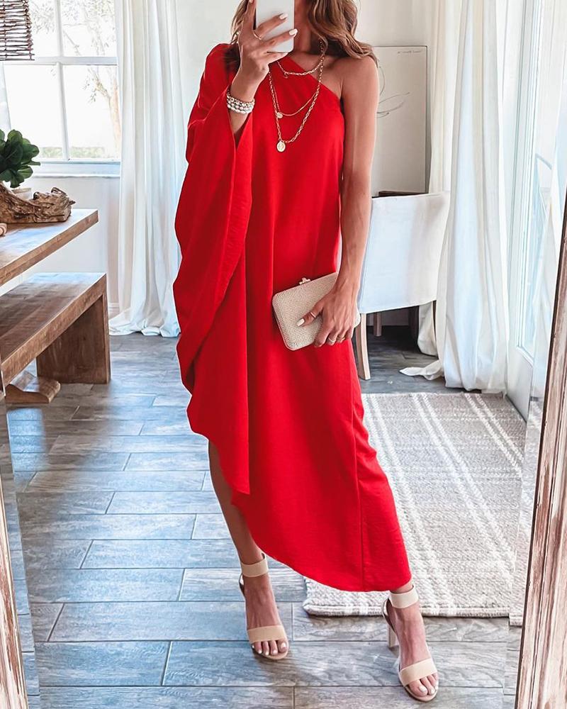 

One Shoulder Batwing Sleeve Casual Dress, Red