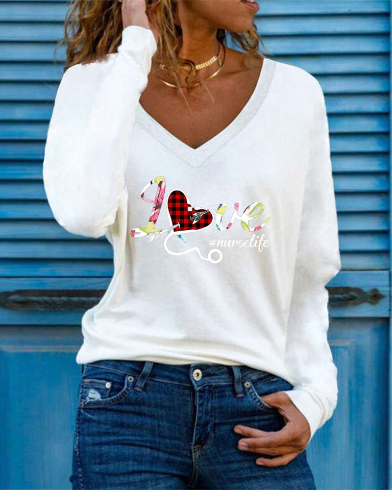 

Love Pattern Print Long Sleeve V-Neck Top, White