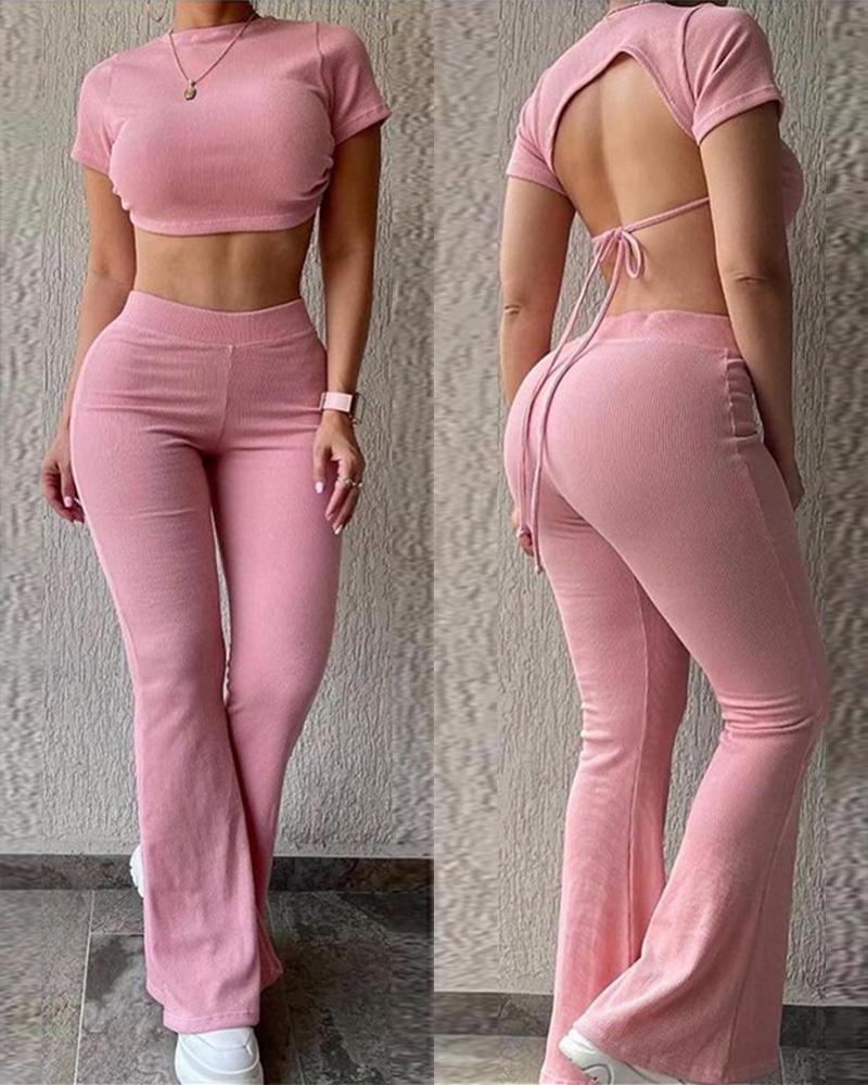 

Tied Detail Backless Crop Top & Bootcut Pants Set, Pink