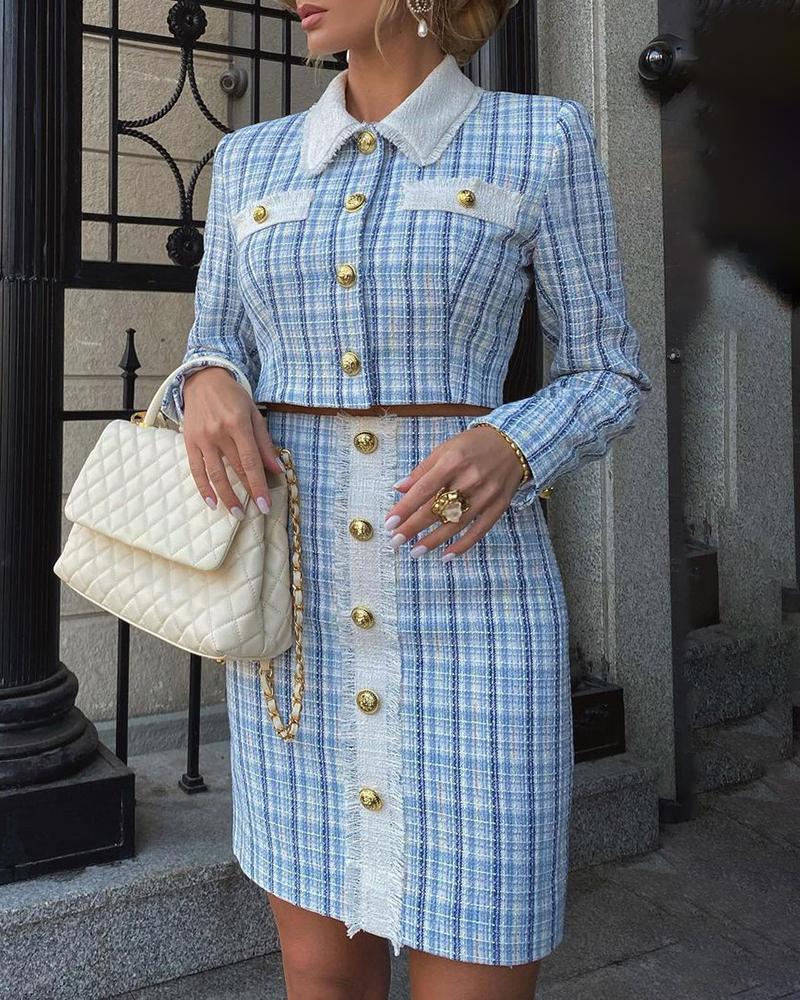 

Tweed Buttoned Coat & High Waist Skirt Set, Blue
