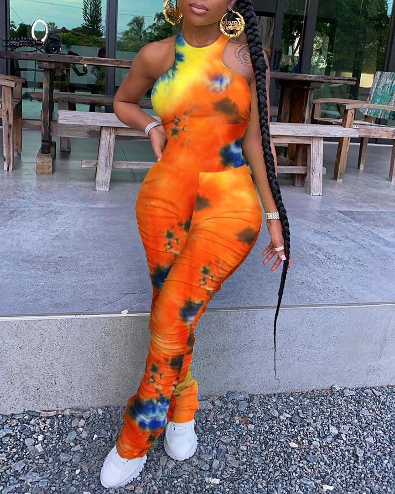 

Tie Dye Print Sleeveless Ruched O-neck Skinny Jumpsuit, Multicolor