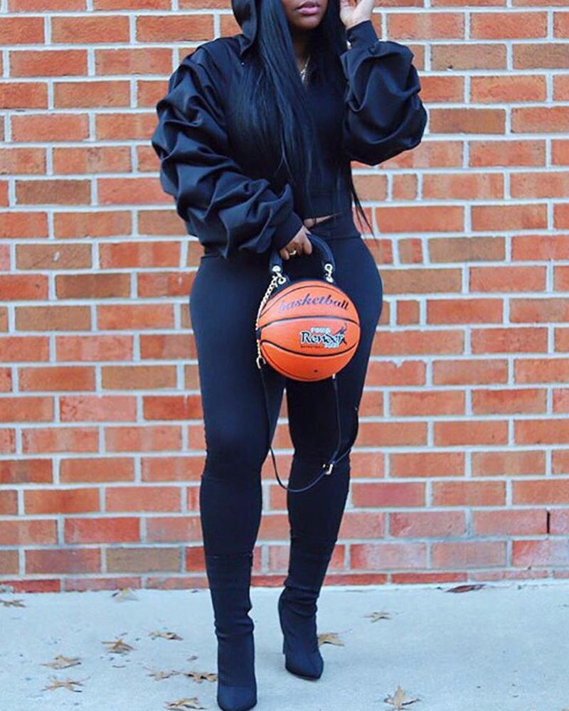 

Solid Bloomer Sleeve Loose Hoodies Sweatshirt With Skinny Pants Suit Set, Black