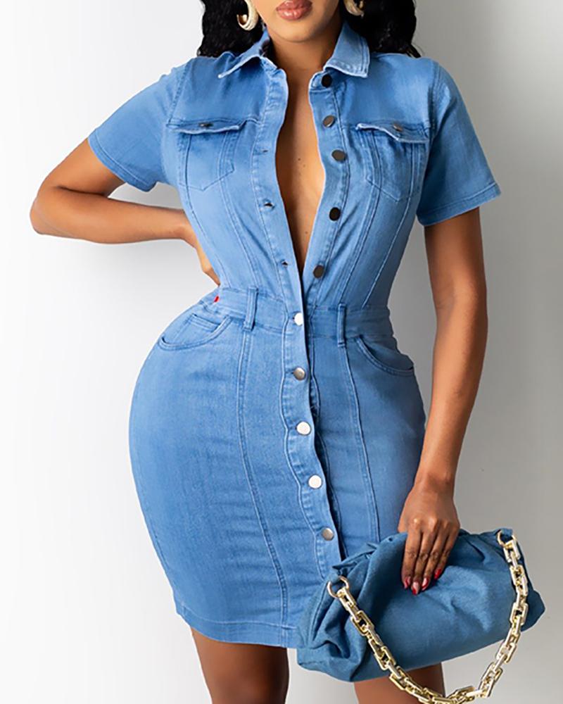 

Buttoned Pocket Design Denim Bodycon Dress, Light blue