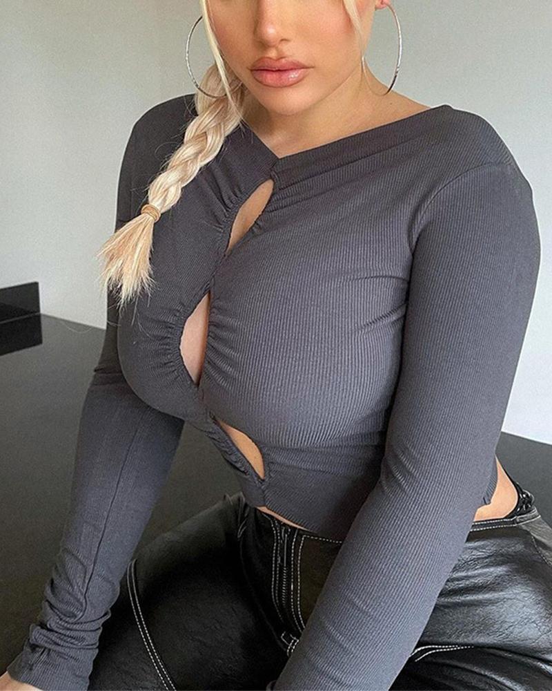 

Solid Cut-out Ribbed Crop Top, Gray