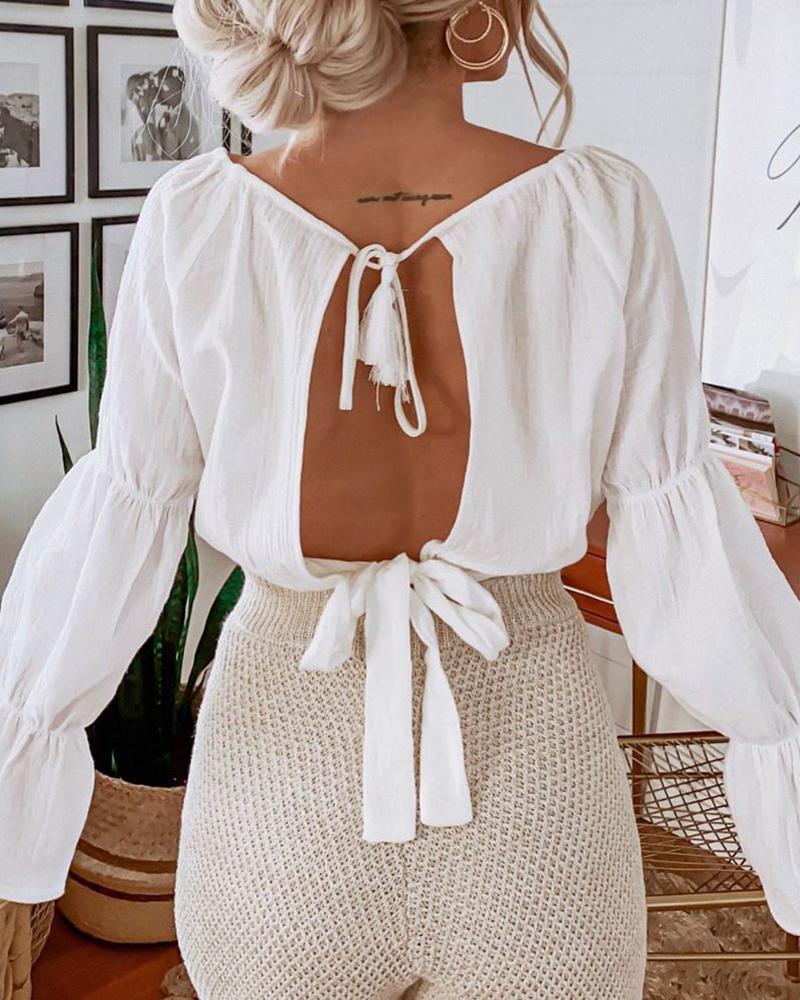 

Plain Backless Long Sleeve Blouse, White