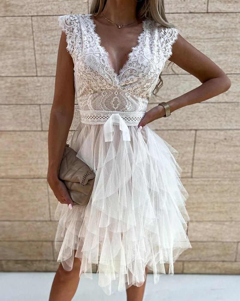 

Lace Patch Sheer Mesh Sleeveless Party Dress, White