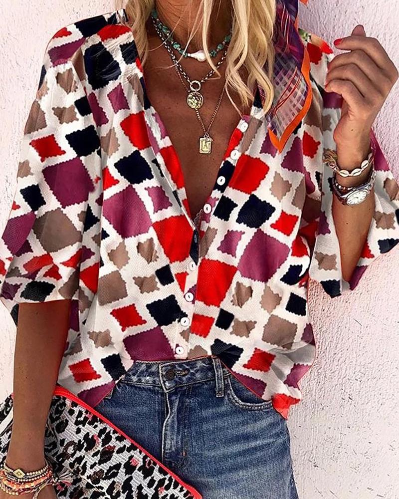 

Abstract Print Colorblock V Neck Button Front Blouse, Red