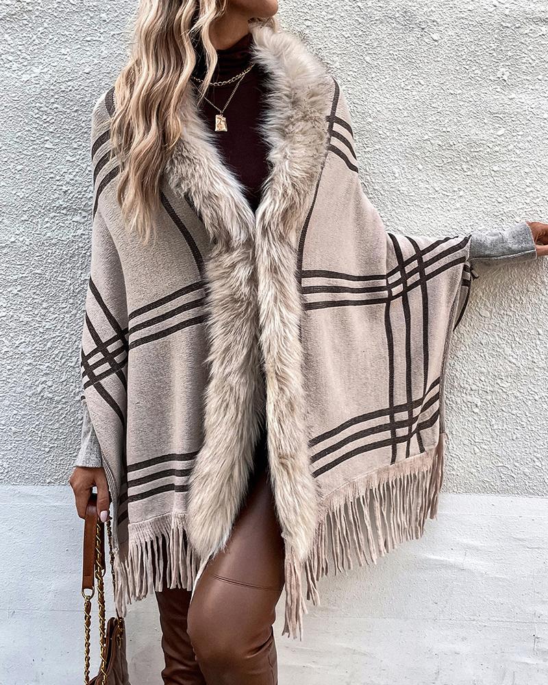 

Plaid Print Tassel Design Fluffy Detail Cape Coat, Apricot