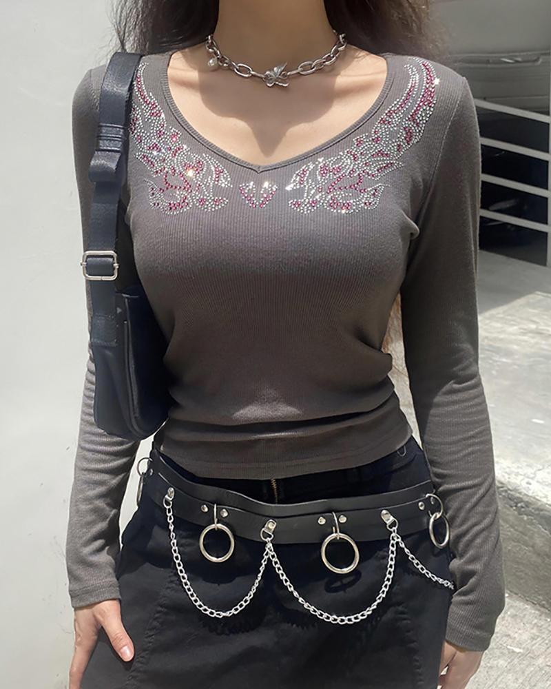 

Rhinestone Wings Pattern Long Sleeve V Neck Top, Gray