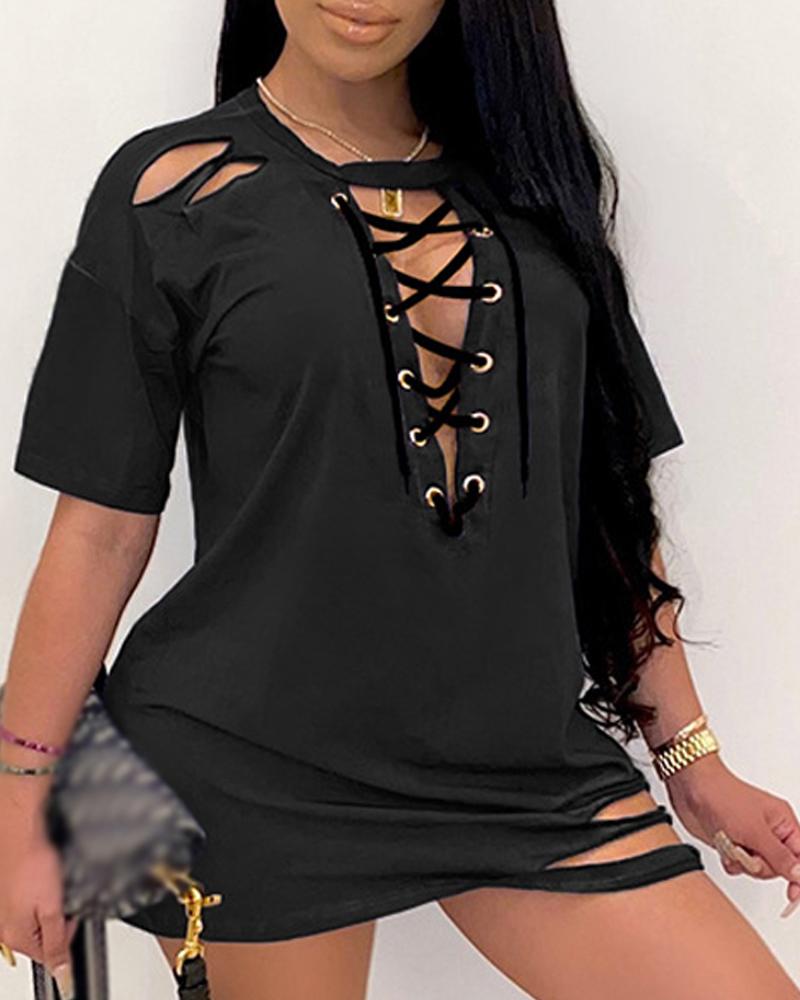 

Plus Size Grommet Eyelet Lace-up Cutout Casual Dress, Black
