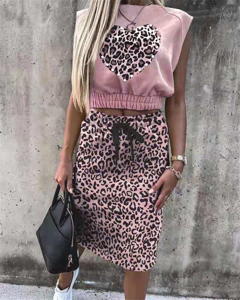 

Cheetah Print Sleeveless Top & Drawstring Skirt Set, Pink