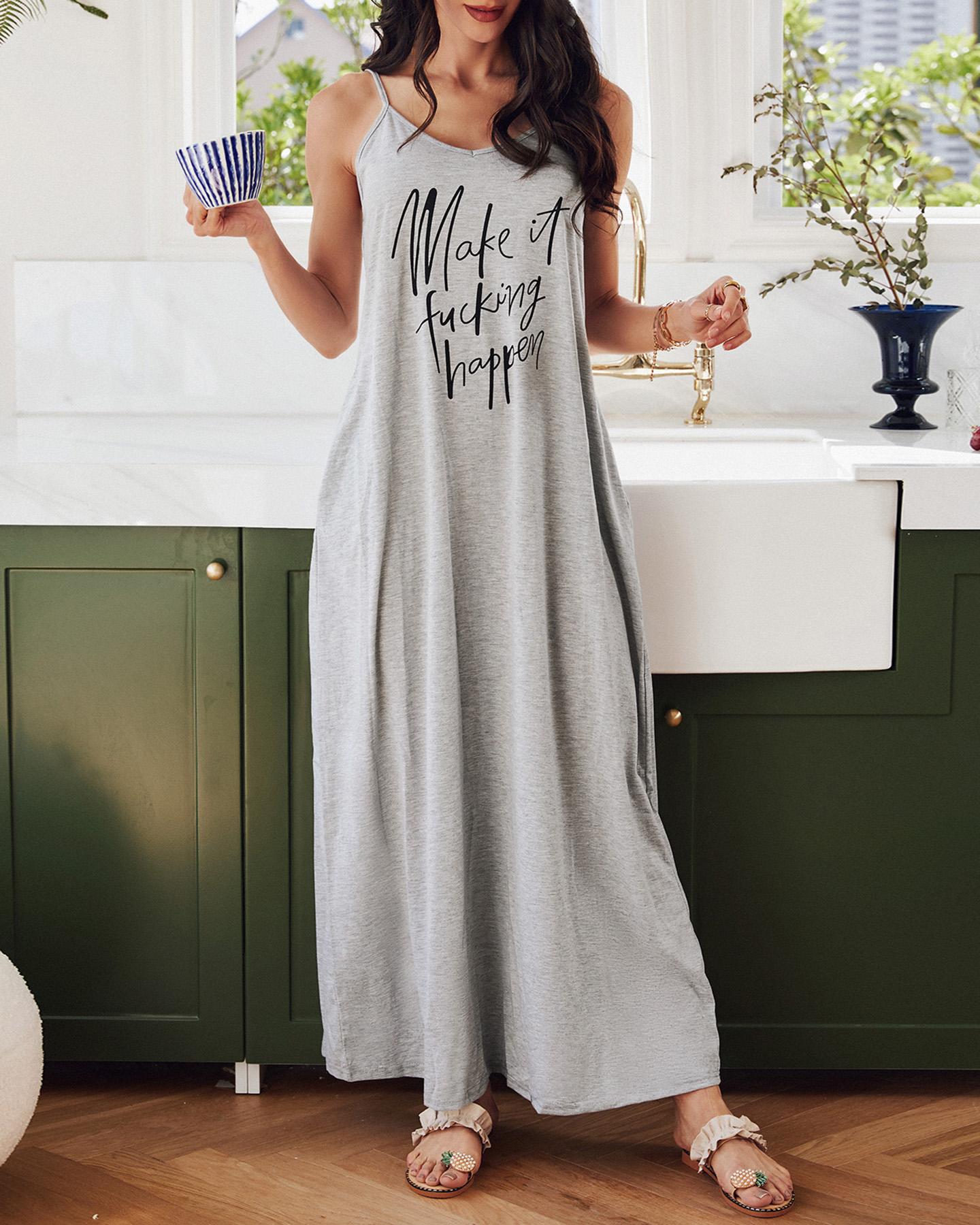 

Casual V Neck Spaghetti Strap Maxi Dress, Gray