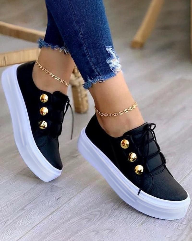 

Button Decor Lace-up Sneakers, Black