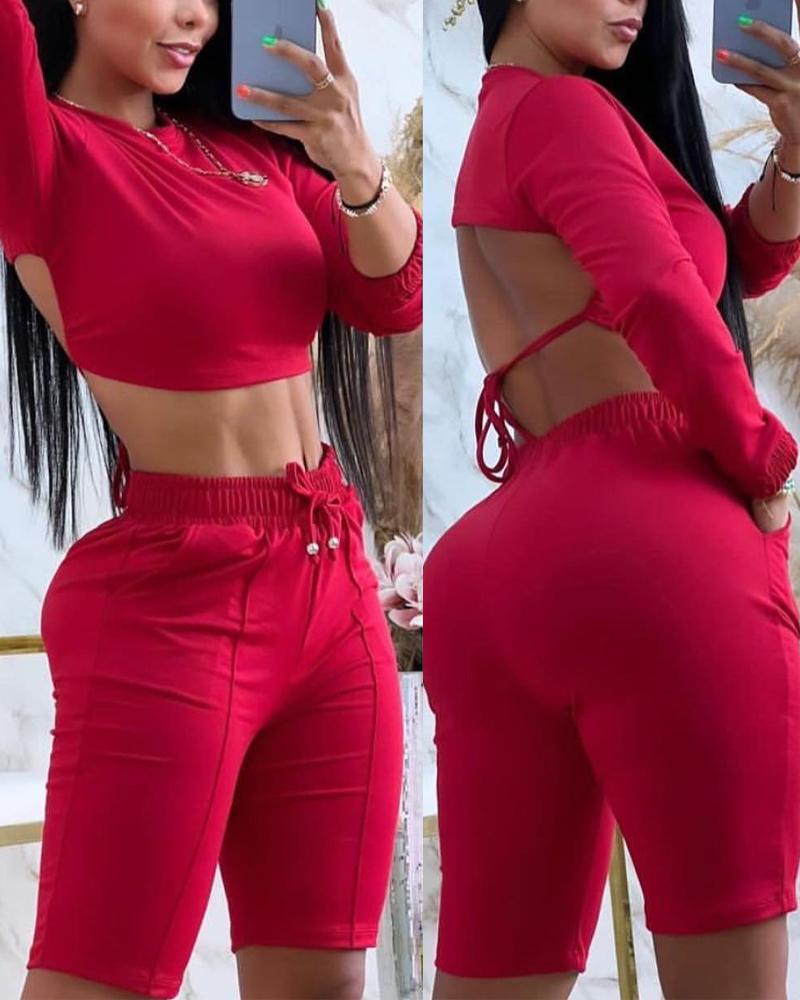 

Tied Detail Backless Crop Top & Drawstring Shorts Set, Red