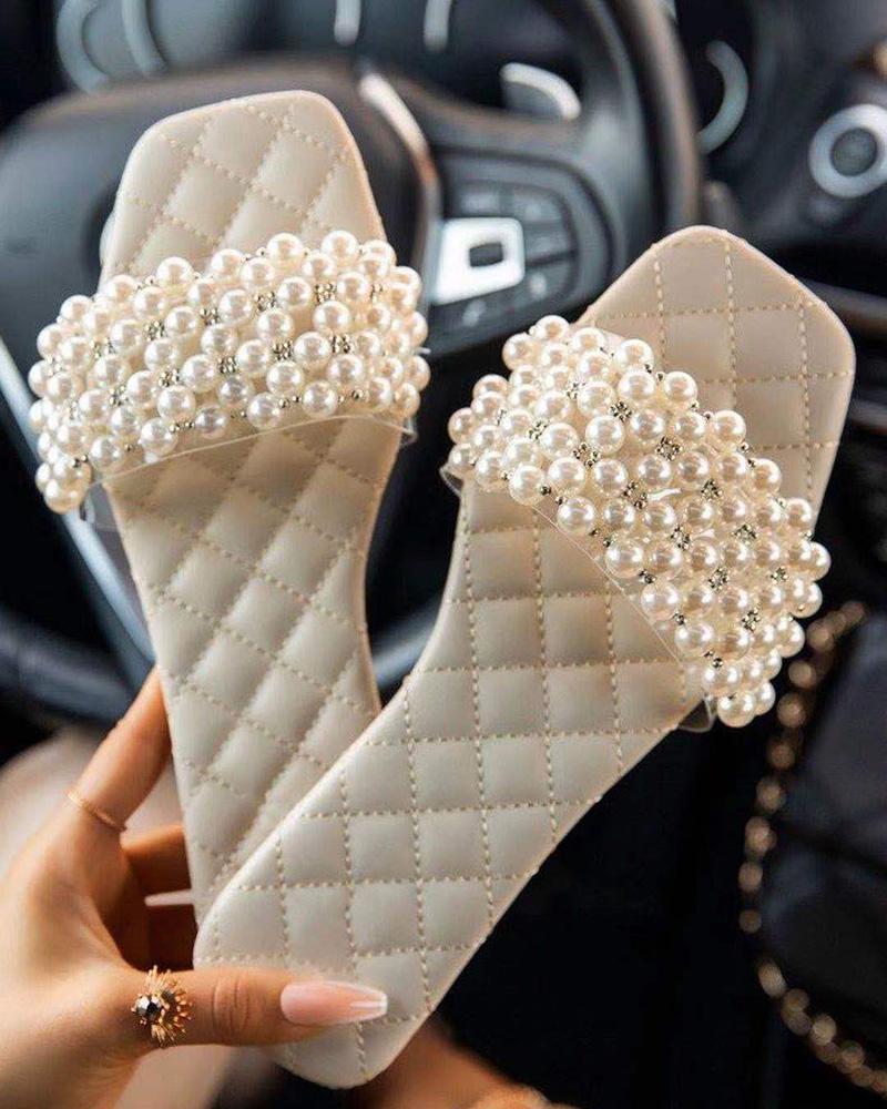 

Quilted Pearls One Strap Slippers, Beige
