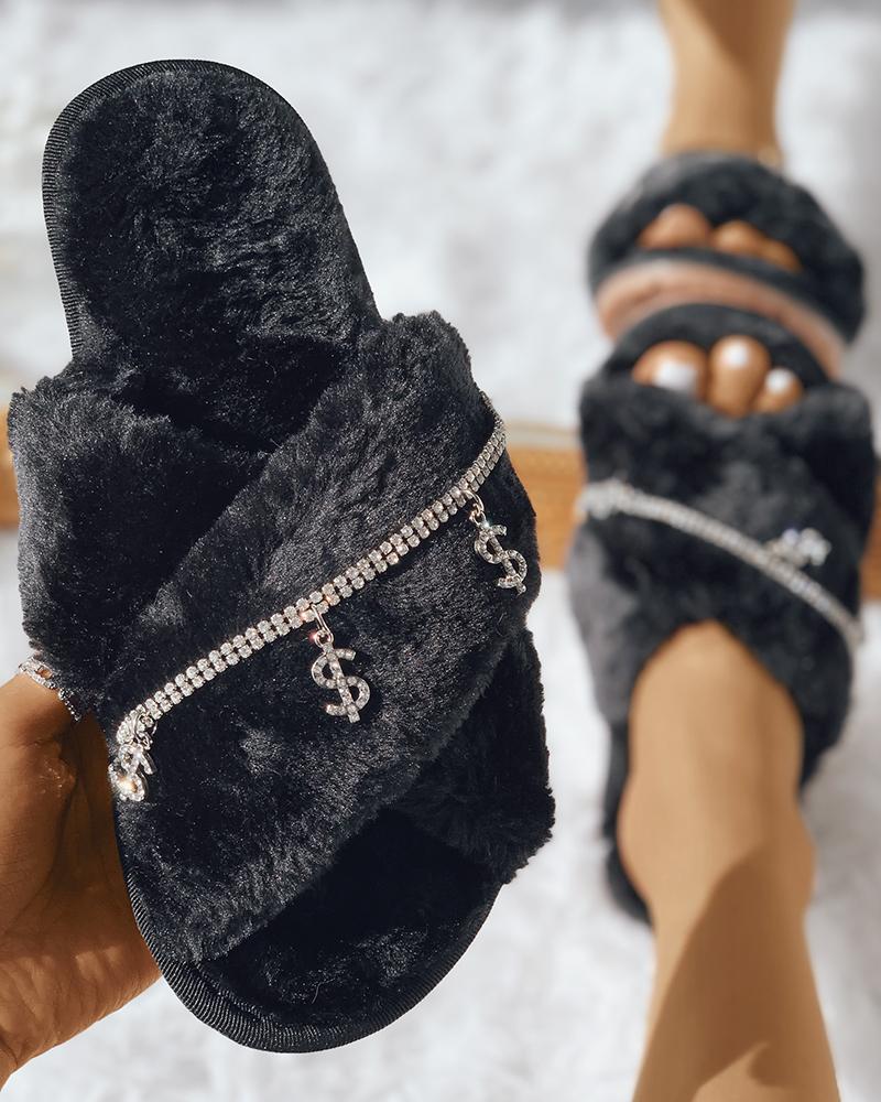

Dollar Pattern Rhinestone Fluffy Slipper, Black