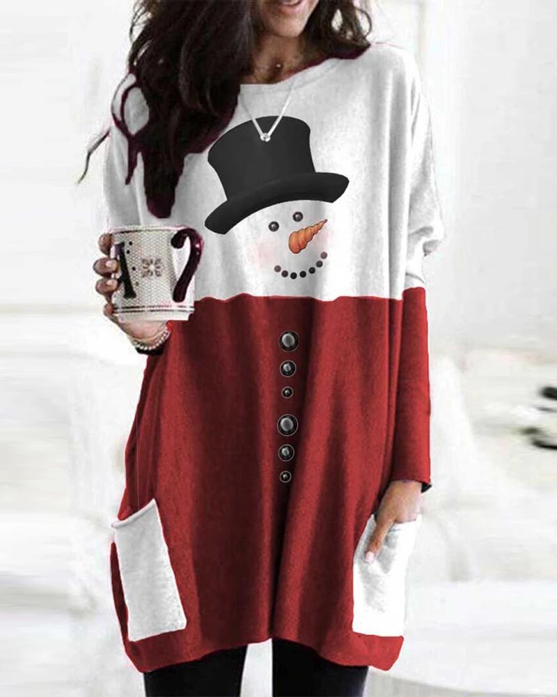

Snowman Print Colorblock Buttoned Casual Sweatshirt, Red