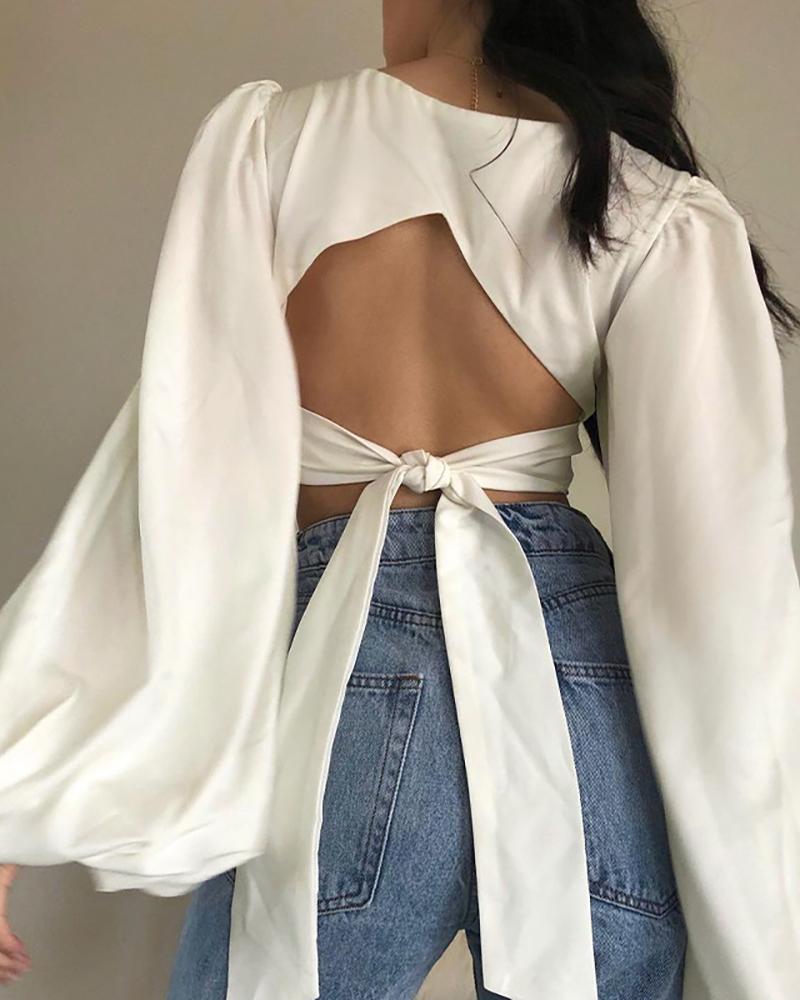 

Knotted Backless Lantern Sleeve Crop Top, White