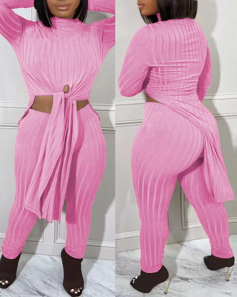 

Plus Size Mock Neck Slit Tied Detail Longline Top & Pants Set, Pink