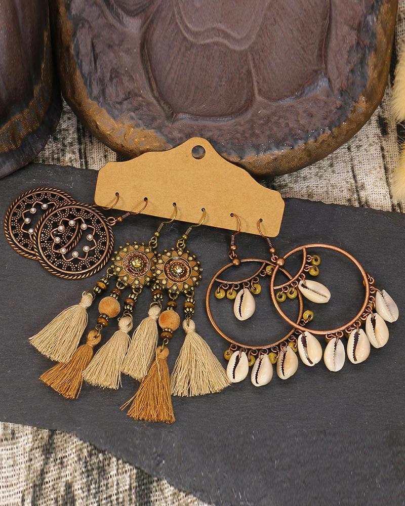 

3Pair Tassel Decor Bohemian Drop Earrings Set, Khaki
