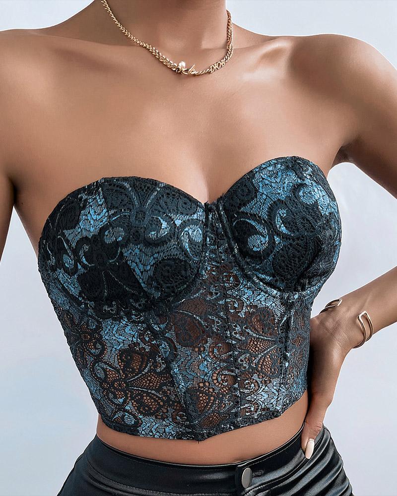 

Embroidery Floral Lace Bandeau Corset Top, Blue