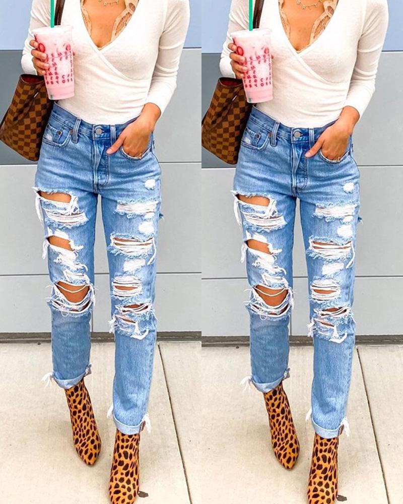

Solid Ripped Skinny Feet Denim Pants Jeans, Blue