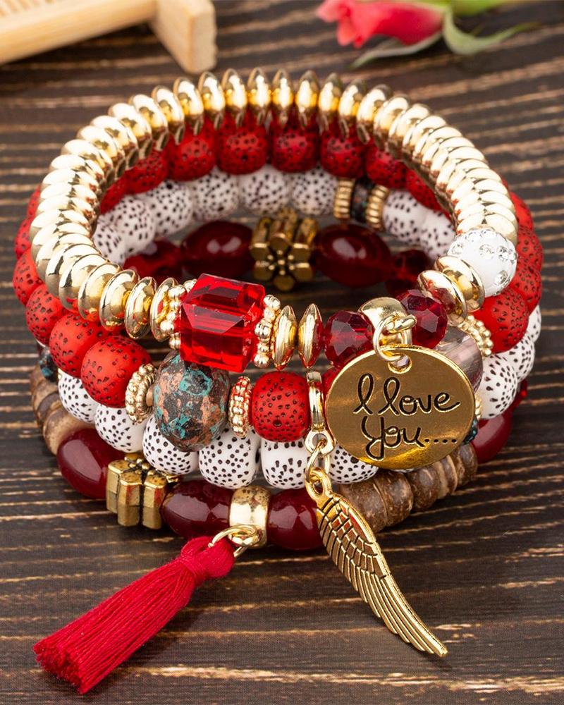 

4pcs Tassel Wing Charm Beaded Bracelet Set, Red