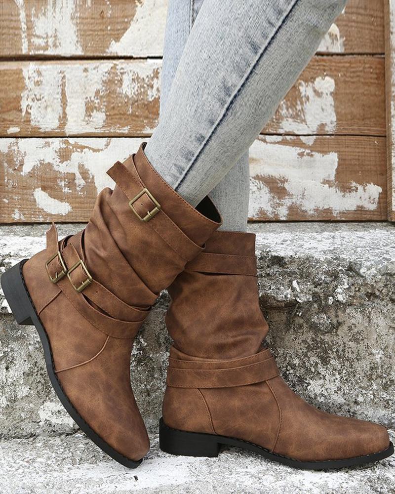 

Buckled Round Toe Cowboy Boots, Brown